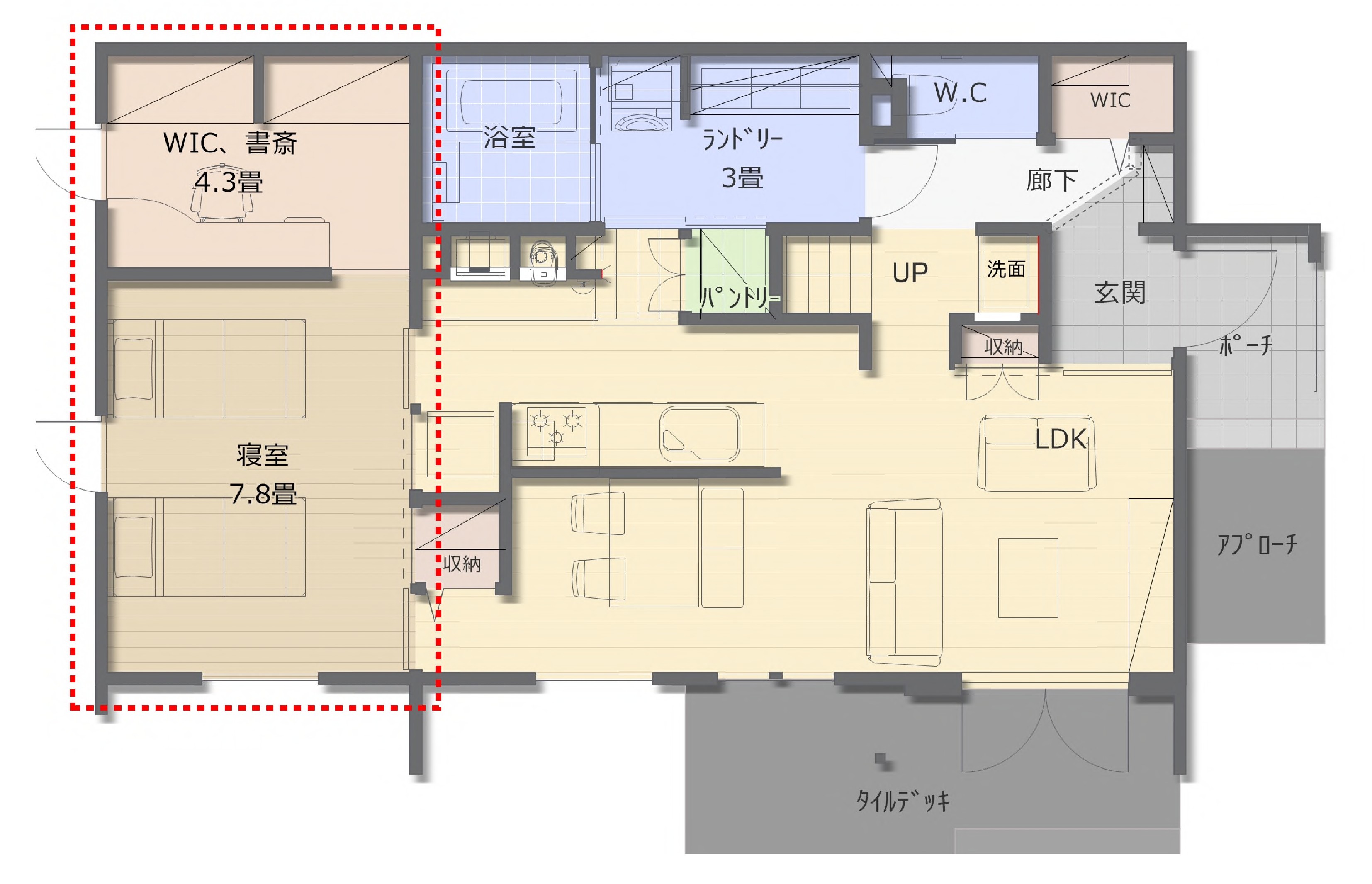 基本の28坪を軸に、暮らし方に合わせて “ プラス ” できる住宅です。
1階に「寝室」「和室」「土間」「家事室」「ヌック」「外物置」など必要な部屋。用途をプラスすることができます。